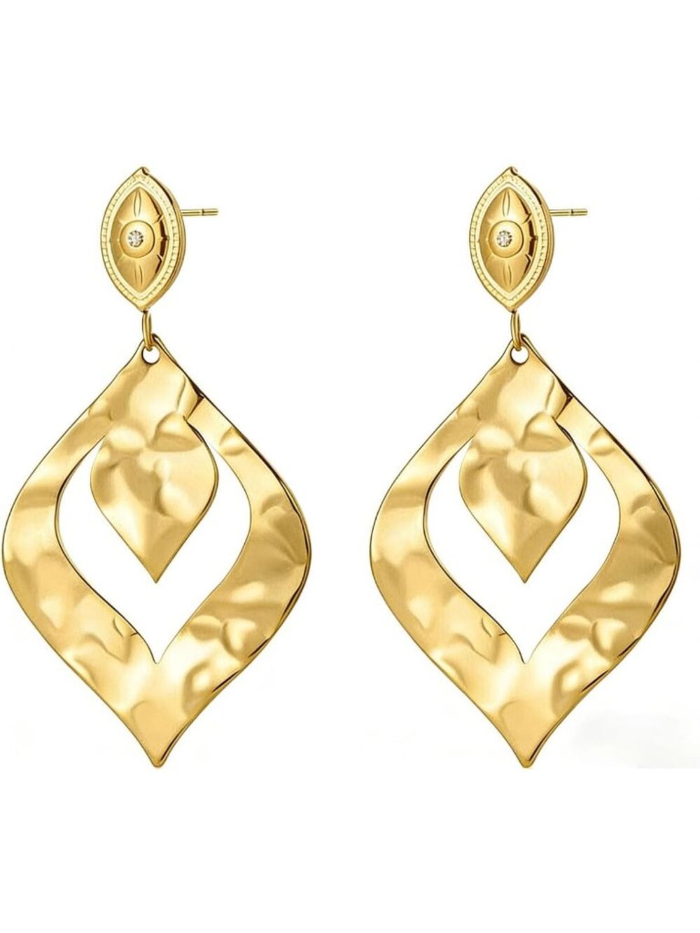 Lightweight Gold Dangle Earrings for Women - Hammered Textured Teardrop Jewelry
